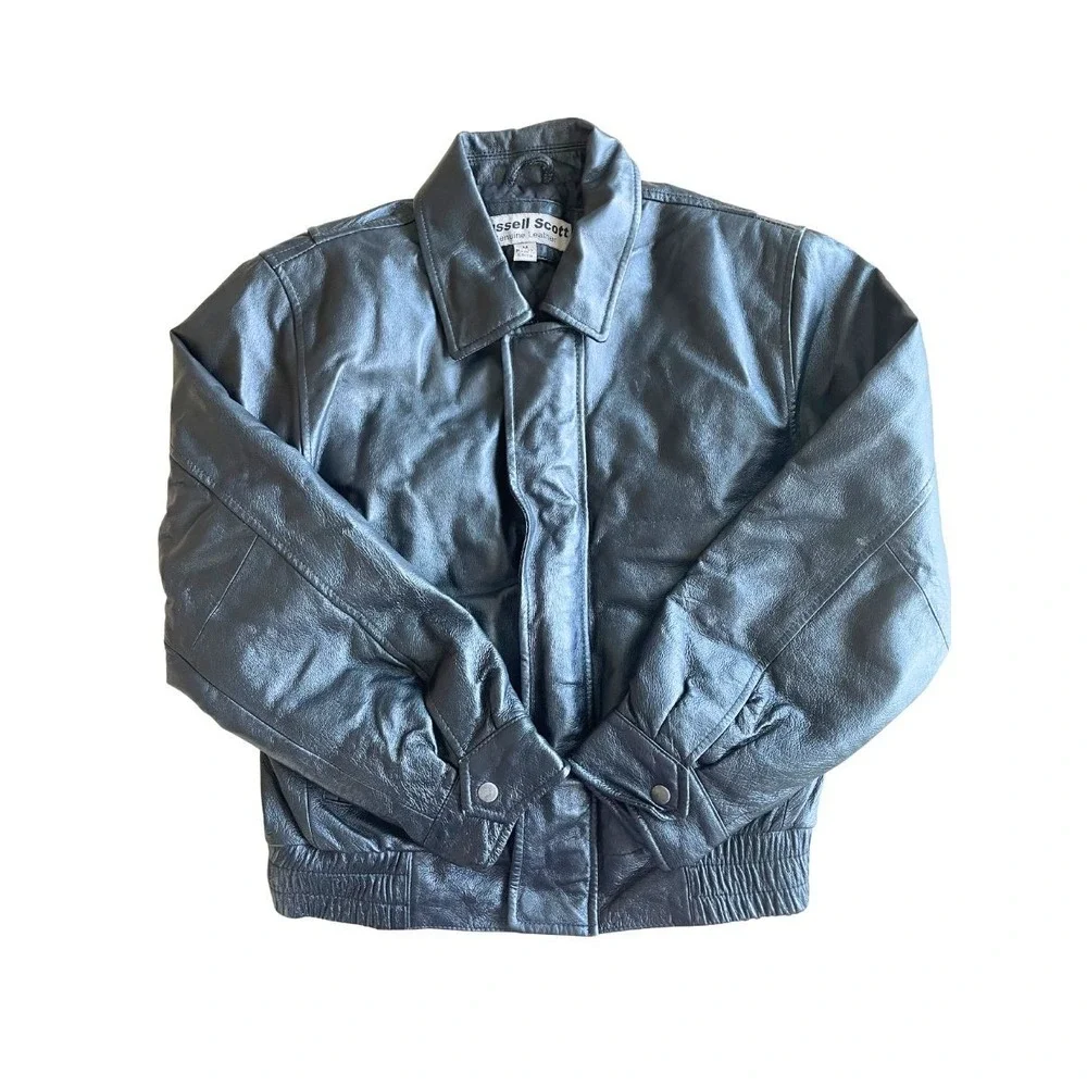 VTG Y2K Kids Russell Scott Black Genuine Leather Bomber Jacket - Size 10/12